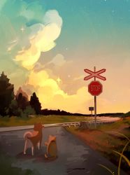 Rule 34 | animal, animal focus, cat, cloud, commentary, dog, english commentary, grass, highres, jauni (tofublock), no humans, original, plant, railroad tracks, road, road sign, shadow, shiba inu, sign, sky, sparkle, star (sky), starry sky, stop sign, sunset, tree