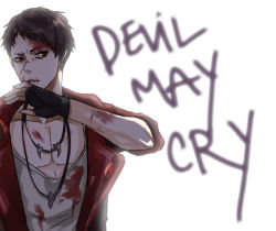 Rule 34 | black hair, blood, bruise, capcom, coat, dante (dmc: devil may cry), devil may cry, devil may cry (series), dmc: devil may cry, fingerless gloves, gloves, injury, jewelry, male focus, necklace, red eyes, scar, shirt, trench coat, white shirt