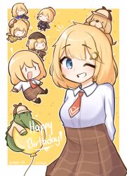 Rule 34 | ;d, absurdres, animal, animal on head, arm behind back, balloon, blonde hair, blue eyes, bob cut, brown skirt, bubba (watson amelia), chibi, chibi inset, collared shirt, commentary, dated, dog, dog on head, english commentary, grin, hair ornament, happy birthday, high-waist skirt, highres, hololive, hololive english, investigator (amelia watson), long sleeves, moon ldl, multiple persona, necktie, on head, one eye closed, open mouth, plaid, plaid skirt, red necktie, shirt, short hair, short necktie, skirt, smile, twitter username, virtual youtuber, watson amelia, watson amelia (1st costume), watson amelia (party dress), watson amelia (astronaut), watson amelia (new year), watson amelia (street casual), white shirt, yellow background