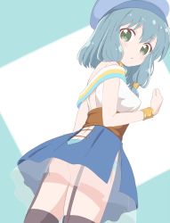 Rule 34 | 1girl, ass, bare shoulders, beret, blue background, blue hair, blue hat, blue panties, blue skirt, blush, bracelet, breasts, brown thighhighs, commentary request, endro!, garter straps, green eyes, hair between eyes, hair ornament, hat, highres, jewelry, long hair, looking at viewer, looking back, meiza endust, off-shoulder shirt, off shoulder, panties, parted lips, see-through, shirt, sincos, skirt, small breasts, solo, thighhighs, two-tone background, underwear, white background, white shirt