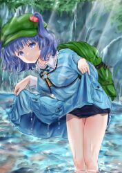 Rule 34 | 1girl, backpack, bag, bare legs, bent over, blue eyes, blue hair, blue skirt, blunt bangs, clothes lift, feet out of frame, green hat, hair bobbles, hair ornament, hat, kawashiro nitori, key, lifting own clothes, light smile, long sleeves, looking at viewer, neko bocchi, pocket, river, shirt, skirt, skirt hold, skirt lift, solo, thighs, touhou, two side up, wading, water, waterfall