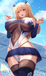 Rule 34 | 1girl, absurdres, azur lane, blonde hair, blue footwear, blue skirt, blue sleeves, blurry, blurry background, boots, breasts, cloud, commission, confetti, cosplay, covered erect nipples, detached sleeves, groin, hair ornament, highleg, highleg leotard, highleg panties, highres, large breasts, leotard, long hair, microskirt, multicolored leotard, navel, numako (pizza kanon), open mouth, original, panties, pink nails, pleated skirt, pointy ears, race queen, red eyes, see-through, see-through leotard, shinano (azur lane), shinano (azur lane) (cosplay), shinano (moonlit chrome) (azur lane), skeb commission, skirt, sky, solo, thigh boots, thighhighs, tiri man, twintails, underwear