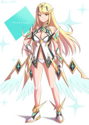 Rule 34 | 1girl, absurdres, bare legs, bare shoulders, blonde hair, breasts, chest jewel, cleavage, cleavage cutout, clothing cutout, dress, earrings, gloves, highres, jewelry, large breasts, long hair, mythra (xenoblade), mythra (xenoblade) (prototype), prototype design, ryochan96154, short dress, solo, swept bangs, tiara, very long hair, white dress, white footwear, white gloves, xenoblade chronicles (series), xenoblade chronicles 2, yellow eyes