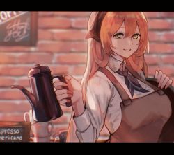 Rule 34 | 1girl, a 0ekaki, apron, ascot, breasts, brick wall, brown hair, cafe, coffee mug, coffee pot, collared shirt, commentary request, cup, girls&#039; frontline, green eyes, hair between eyes, hair rings, holding, holding tray, large breasts, letterboxed, long hair, long sleeves, looking at viewer, menu board, mug, shirt, sidelocks, smile, solo, springfield (girls&#039; frontline), tray, upper body, white shirt