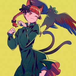 Rule 34 | 2girls, ;3, animal ears, banned artist, beak, bird, black ribbon, blunt bangs, blush, blush stickers, bow, braid, cat ears, cat tail, colored eyelashes, commentary request, crow, dress, feathered wings, green bow, green dress, hair ribbon, harano, kaenbyou rin, long hair, long sleeves, looking at viewer, multiple girls, multiple tails, one eye closed, paw pose, red eyes, red hair, reiuji utsuho, reiuji utsuho (bird), ribbon, simple background, standing, tail, talons, touhou, tress ribbon, twin braids, two tails, wings, yellow background
