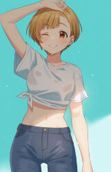 Rule 34 | 1girl, absurdres, arm at side, arm up, asymmetrical bangs, bare arms, blonde hair, blue background, blush, breasts, brown eyes, collarbone, denim, emu (emum), fukuda noriko, gradient background, grin, hand on own head, highres, idolmaster, idolmaster million live!, idolmaster million live! theater days, jeans, large breasts, looking at viewer, midriff, navel, one eye closed, open mouth, pants, shirt, short hair, short sleeves, side-tie shirt, smile, solo, sweat, t-shirt, tied shirt, water drop, wet, wet clothes, white shirt