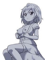 Rule 34 | 1girl, :&lt;, absurdres, breasts, breasts out, commentary, feet out of frame, flashing, frilled sleeves, frills, greyscale, highres, kemono friends, looking at viewer, medium breasts, monochrome, nipples, open clothes, shiraha maru, short hair, short sleeves, simple background, sitting, skirt, small breasts, solo, superb bird-of-paradise (kemono friends), thighhighs, white background