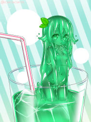 Rule 34 | 1girl, breasts, colored sclera, colored skin, cup, curss, dot nose, drinking glass, drinking straw, green eyes, green hair, green sclera, green skin, hair ornament, hand up, highres, in container, in cup, leaf hair ornament, long hair, looking at viewer, mini person, minigirl, monster girl, navel, nude, original, parted lips, slime girl, small breasts, solo, standing, striped, striped background, twitter username