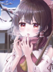Rule 34 | 1girl, architecture, ascot, blurry, blurry background, blush, bow, branch, breath, breathing on hands, broom, brown hair, building, commentary, detached sleeves, east asian architecture, fingernails, frilled hair tubes, frills, hair bow, hair tubes, hakurei reimu, hands up, highres, looking at viewer, medium hair, naarsann, nose blush, open mouth, outdoors, red bow, red eyes, red scarf, red vest, ribbon-trimmed sleeves, ribbon trim, scarf, shrine, sidelocks, sky, snow, solo, touhou, upper body, vest, white sleeves, yellow ascot