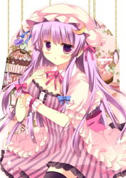 Rule 34 | 1girl, azumi kazuki, birdcage, black thighhighs, blush, breasts, cage, cleavage, crescent, dress, female focus, gem, hat, large breasts, long hair, looking at viewer, patchouli knowledge, purple eyes, purple hair, solo, sparkle, striped clothes, striped dress, thighhighs, touhou, vertical stripes, wrist cuffs