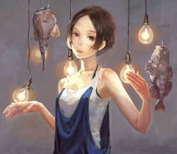Rule 34 | 1girl, bare shoulders, brown eyes, brown hair, fish, grey background, hands up, hanging light, light, light bulb, looking at viewer, mole, mole under eye, original, parted bangs, parted lips, short hair, traditional media, yuu (mol)