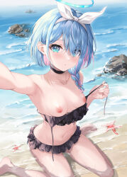 Rule 34 | 1girl, absurdres, arona (blue archive), bare arms, bare legs, bare shoulders, barefoot, beach, bikini, black bikini, black choker, blue archive, blue eyes, blue hair, blue halo, blush, braid, breasts, choker, colored inner hair, day, frilled bikini, frills, halo, highres, looking at viewer, multicolored hair, nipples, outdoors, parted lips, pink hair, short hair, single braid, sitting, small breasts, solo, swimsuit, wariza, water, zi yue liuli