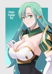 Rule 34 | 1girl, aqua hair, armor, breasts, chloe (fire emblem), cleavage, commentary, elbow gloves, fire emblem, fire emblem engage, gloves, green eyes, hair between eyes, highres, ihsnet, large breasts, long hair, looking at viewer, nintendo, pauldrons, shoulder armor, smile, solo, upper body, very long hair, white gloves