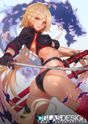 Rule 34 | 1girl, artist name, ass, black gloves, blonde hair, breasts, cglas, covered erect nipples, fate/grand order, fate (series), gloves, holding, holding sword, holding weapon, jeanne d&#039;arc alter (swimsuit berserker) (fate), jeanne d&#039;arc (fate), jeanne d&#039;arc alter (fate), jeanne d&#039;arc alter (swimsuit berserker) (fate), katana, long hair, looking at viewer, midriff, o-ring, red legwear, sheath, sheathed, solo, standing, sword, thigh strap, twisted torso, very long hair, watermark, weapon, web address