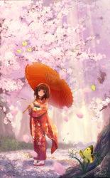 Rule 34 | 10s, 1girl, 2014, artist name, bow, brown eyes, brown hair, bug, butterfly, cherry blossoms, dated, floral print, fox, furisode, hair bow, holding, holding umbrella, insect, japanese clothes, kimono, miyai haruki, oil-paper umbrella, original, outdoors, petals, pigeon-toed, sandals, scenery, short hair, signature, smile, solo, standing, sunlight, umbrella