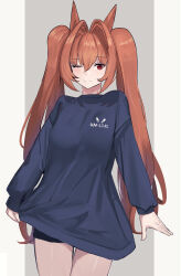 Rule 34 | 1girl, absurdres, adidas, alternate costume, animal ears, black shorts, blue shirt, brand name imitation, breasts, brown hair, closed mouth, cowboy shot, daiwa scarlet (umamusume), hair intakes, highres, horse ears, long hair, long sleeves, looking at viewer, oversized clothes, oversized shirt, red eyes, shirt, shorts, small breasts, smile, solo, solokitsune, twintails, umamusume