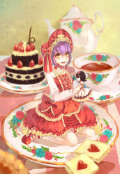 Rule 34 | 1girl, absurdres, aili (aliceandoz), alternate costume, alternate headwear, blurry, bonnet, cake, character doll, chocolate cake, cookie, cup, depth of field, food, fruit, hair ribbon, highres, kijin seija, light purple hair, lolita fashion, looking at viewer, mary janes, mini person, minigirl, open mouth, ribbon, saucer, shoes, short hair, sitting, solo, strawberry, sukuna shinmyoumaru, tablecloth, teacup, teapot, touhou, tress ribbon, wariza, yellow eyes