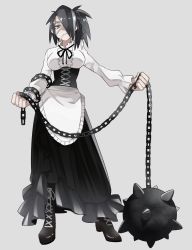 Rule 34 | bad id, bad twitter id, ball and chain (weapon), black footwear, black hair, braid, chain, corset, dress, flail, frilled shirt, frilled shirt collar, frills, grey background, grey eyes, grey hair, high heels, highres, holding, holding weapon, lauliu, medium hair, morning star, multicolored hair, original, ponytail, shirt, simple background, smoking, solo, spiked ball and chain, spikes, weapon