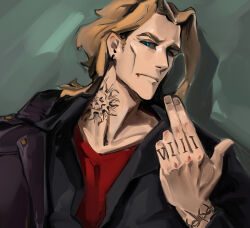 Rule 34 | 1boy, adam&#039;s apple, black jacket, black sclera, blood, blood from mouth, boku no hero academia, brown hair, cheekbones, closed mouth, collarbone, colored sclera, earrings, finger tattoo, fingernails, freesilverwind, grey background, highres, jacket, jewelry, looking at viewer, male focus, neck tattoo, red shirt, shirt, short hair, solo, tattoo, wrist tattoo, yagi toshinori
