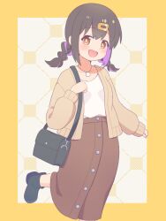 Rule 34 | 1girl, :d, bag, black footwear, black hair, boots, border, braid, brown eyes, commentary request, dark skin, foot out of frame, hair ornament, hairclip, highres, jacket, jewelry, k-d, light blush, long hair, long sleeves, looking at viewer, multicolored hair, onii-chan wa oshimai!, open clothes, open jacket, open mouth, oyama mihari, pendant, purple hair, shirt, shoulder bag, simple background, smile, solo, twin braids, two-tone hair, white shirt, yellow border