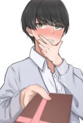 Rule 34 | 1boy, black hair, blurry, blush, casual, commentary request, depth of field, dress shirt, embarrassed, eyelashes, eyes visible through hair, female pov, gift, go-toubun no hanayome, grey jacket, grin, hand on own face, hand up, highres, holding, holding gift, incoming gift, jacket, kakato 0, looking at viewer, male focus, nose blush, open clothes, open jacket, pov, shirt, short hair, simple background, smile, solo, swept bangs, tsurime, uesugi fuutarou, upper body, upturned eyes, white background, white shirt, yellow eyes