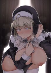 Rule 34 | 1girl, absurdres, ahoge, bent over, black dress, blush, breasts, breasts out, bukkake, cross, cum, cum on body, cum on breasts, cum on upper body, cum string, dress, facial, female focus, flanvia, grey hair, habit, highres, holding, holding cross, large breasts, long hair, long sleeves, looking at viewer, nipples, nun, original, parted lips, pelvic curtain, solo, thighhighs, veil, white thighhighs