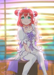 Rule 34 | 1girl, alternate hairstyle, aqua eyes, artist name, artist request, back bow, blush, bow, bracelet, breasts, brightest melody, cloud, collarbone, double bun, dress, female focus, frilled dress, frills, green eyes, hair between eyes, hair bun, hairband, highres, jewelry, kurosawa ruby, looking at viewer, love live!, love live! school idol festival, love live! sunshine!!, miniskirt, necklace, outdoors, parted lips, pearl bracelet, pearl necklace, plaid, plaid dress, plaid skirt, pleated, pleated dress, pleated skirt, puffy short sleeves, puffy sleeves, purple bow, purple hairband, red hair, short hair, short sleeves, sitting, skirt, sky, small breasts, smile, solo, sunrise, v, white dress, white legwear, white skirt, white wrist cuffs, wrist cuffs