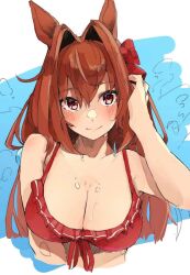 Rule 34 | 1boy, animal ears, bikini, blue background, blush, breasts, brown hair, cleavage, commentary, cropped torso, daiwa scarlet (trifle vacation) (umamusume), daiwa scarlet (umamusume), front-tie bikini top, front-tie top, hair intakes, tucking hair, highres, horse ears, horse girl, large breasts, long hair, looking at viewer, red bikini, red eyes, smile, solo, swimsuit, symbol-only commentary, techi (siro-white 0803), two-tone background, umamusume, white background
