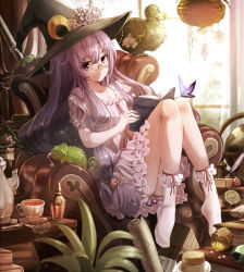 Rule 34 | 1girl, bespectacled, bird, bobby socks, book, bottle, bug, butterfly, butterfly net, chameleon, crescent, cup, dodo (bird), dress, feathers, female focus, flower, glasses, hand net, hat, holding, holding book, insect, long hair, looking at viewer, map, mini-hakkero, open book, patchouli knowledge, pince-nez, purple eyes, purple hair, sitting, socks, solo, sumisu (mondo), teacup, teapot, tongue, touhou, witch hat