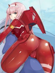 Rule 34 | 10s, 1girl, :q, aqua eyes, ass, blue sky, blunt bangs, blush, bodysuit, breasts, closed mouth, darling in the franxx, day, eyeshadow, hairband, horns, long hair, looking at viewer, makeup, medium breasts, naga1047, pilot suit, pink hair, red bodysuit, shiny clothes, skin tight, sky, solo, tongue, tongue out, trefoil, white hairband, zero two (darling in the franxx)