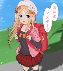 Rule 34 | 1girl, :d, abigail williams (fate), alternate costume, atsumisu, backpack, bad id, bad pixiv id, bag, beret, black bow, black shirt, black thighhighs, blue eyes, blush, bow, collarbone, day, fate/grand order, fate (series), flower, hair bow, hat, highres, jacket, layered sleeves, long hair, long sleeves, looking at viewer, multiple hair bows, open clothes, open jacket, open mouth, orange bow, outdoors, parted bangs, pink hat, pink jacket, pleated skirt, polka dot, polka dot bow, randoseru, red skirt, shirt, short over long sleeves, short sleeves, skindentation, skirt, smile, solo, standing, thighhighs, very long hair, yellow flower