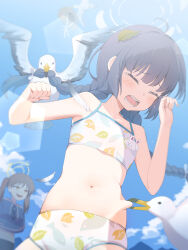 Rule 34 | 2girls, absurdres, ahoge, animal, bare arms, bare shoulders, bikini, bird, biting, black hair, blue archive, blue sky, blush, braid, brown hair, closed eyes, cloud, collarbone, commentary request, day, ddungddang, flat chest, grey halo, hair ornament, hair ribbon, halo, hat, highres, leaf, leaf on head, leaf print, long hair, miyu (blue archive), miyu (swimsuit) (blue archive), moe (blue archive), moe (swimsuit) (blue archive), multiple girls, navel, official alternate costume, open mouth, outdoors, print bikini, ribbon, seagull, sky, stomach, straw hat, swimsuit, twin braids, twintails, white bikini, white halo