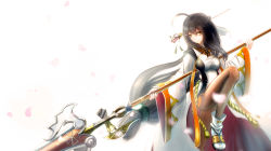 Rule 34 | 1girl, ahoge, ara han, black hair, closed mouth, elsword, female focus, hair ornament, hair stick, highres, kikivi, long hair, looking at viewer, polearm, sakra devanam (elsword), smile, solo, spear, straight hair, traditional clothes, weapon, white background, yellow eyes