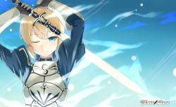 Rule 34 | 1girl, ahoge, armor, artoria pendragon (fate), bad id, bad pixiv id, blonde hair, caliburn (fate), cccpo, dress, excalibur (fate/stay night), fate/stay night, fate/zero, fate (series), gauntlets, glowing, glowing weapon, green eyes, one eye closed, puffy sleeves, saber (fate), solo, sword, weapon, wink