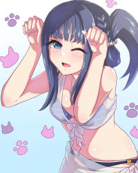 Rule 34 | 1girl, bikini, blue bikini, blue eyes, blue hair, blush, braid, cat symbol, commentary, cowboy shot, flower, folded hair, gradient background, hair flower, hair ornament, ka-9, looking at viewer, magia record: mahou shoujo madoka magica gaiden, mahou shoujo madoka magica, nanami yachiyo, nanami yachiyo (swimsuit costume), navel, one eye closed, open mouth, paw pose, paw print, sarong, see-through, simple background, smile, solo, swimsuit