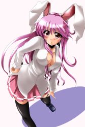 Rule 34 | 1girl, animal ears, black thighhighs, blush, breasts, cleavage, dress shirt, highres, hirayama-h, large breasts, long hair, no bra, open collar, pink hair, rabbit ears, red eyes, reisen udongein inaba, shirt, solo, thighhighs, touhou, very long hair