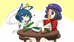 Rule 34 | 2girls, :t, black eyes, blue hair, box, chinese clothes, closed eyes, dress, eating, expressive clothes, female focus, food, food in mouth, hair ornament, hair rings, hair stick, hat, heart, kaku seiga, looking at another, miyako yoshika, multiple girls, ofuda, outstretched arms, shawl, short sleeves, simple background, star (symbol), stool, table, touhou, white background, wool (miwol), yellow background, zombie pose