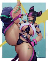 Rule 34 | 1girl, black hair, bracelet, breasts, cameltoe, candy, cleft of venus, drill hair, ed (edemevas), feet, female pubic hair, fingerless gloves, food, foot focus, gloves, gluteal fold, groin, hair horns, han juri, highres, jewelry, large breasts, leg up, lollipop, looking at viewer, mole, mole on thigh, nail polish, navel, panties, pants, pubic hair, pubic hair peek, purple eyes, saliva, saliva trail, smile, solo, spiked bracelet, spikes, standing, standing on one leg, stomach, street fighter, street fighter 6, thick thighs, thighs, toenail polish, toenails, tongue, tongue out, twin drills, underwear