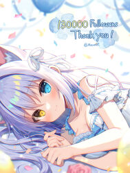 Rule 34 | 1girl, aina rive, animal ear fluff, animal ears, balloon, bare shoulders, blue dress, blue eyes, blue flower, blurry, blurry background, blurry foreground, blush, breasts, cat ears, closed mouth, commentary request, confetti, depth of field, dress, flower, grey hair, hair between eyes, hands up, heterochromia, long hair, looking at viewer, mauve, medium breasts, original, pink flower, pink rose, rose, smile, solo, upper body, yellow eyes