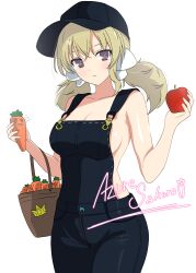 Rule 34 | 1girl, :&lt;, :3, :o, ^ ^, absurdres, apple, azuresakura, baseball cap, basket, black hat, black overalls, blonde hair, blush, bow, breasts, carrot, casual, cleavage, closed eyes, collarbone, cowboy shot, crown, dolphin print, food, fruit, hair between eyes, hair bow, hat, highres, holding, holding carrot, holding food, holding fruit, holding vegetable, kafuru (senran kagura), looking at viewer, low twintails, medium breasts, naked overalls, o-ring, overalls, panicking, purple eyes, red apple, senran kagura, senran kagura estival versus, shiny skin, sideboob, signature, simple background, smile, solo, standing, twintails, vegetable, white background, white bow