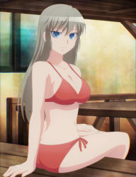 Rule 34 | 1girl, arm support, ass, bare arms, bare legs, bare shoulders, bikini, blue eyes, breasts, cleavage, closed mouth, collarbone, female focus, grey hair, hair between eyes, hand on own leg, highres, large breasts, legs, long hair, looking at viewer, looking back, mahou shoujo tokushusen asuka, mole, mole under eye, navel, neck, ootorii asuka, red bikini, side-tie bikini bottom, sitting, smile, solo, swimsuit, table, underboob
