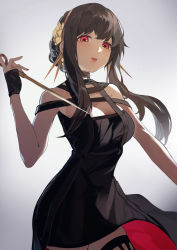 Rule 34 | 1girl, absurdres, bare shoulders, black dress, black gloves, black hair, blush, breasts, cleavage, dress, flower, gloves, hair flower, hair ornament, hairband, highres, holding, holding weapon, large breasts, looking at viewer, open mouth, red eyes, shenqi de (9), sidelocks, simple background, smile, solo, spy x family, thighhighs, two-sided dress, two-sided fabric, weapon, yor briar