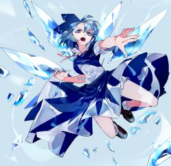 Rule 34 | 1girl, ahoge, bloomers, blue background, blue dress, blue eyes, blue hair, cirno, commentary request, dress, fang, fingernails, hair between eyes, highres, ice, ice wings, ikurauni, multicolored footwear, neck ribbon, open mouth, red ribbon, ribbon, short hair, short sleeves, short socks, socks, solo, touhou, underwear, v-shaped eyebrows, white bloomers, white socks, wings