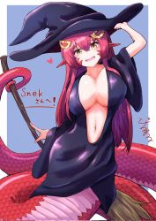 Rule 34 | 1girl, black dress, blush, breasts, broom, cleavage, commission, dress, fang, hair ornament, halloween costume, hat, heart, highres, lamia, large breasts, long hair, looking at viewer, midriff, miia (monster musume), monster girl, monster musume no iru nichijou, navel, open mouth, pointy ears, red hair, scales, simple background, skeb commission, slit pupils, solo, togenomaru, witch, witch hat, yellow eyes
