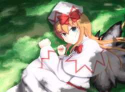 Rule 34 | 1girl, agent (ikuoikuo), blonde hair, blue eyes, bow, female focus, fetal position, grass, hat, hat bow, highres, lily white, long hair, looking at viewer, lying, on side, shade, solo, touhou, wings