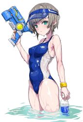 Rule 34 | 1girl, aqua eyes, blue one-piece swimsuit, bottle, breasts, commentary request, competition swimsuit, grey hair, looking at viewer, one-piece swimsuit, original, shitagani, short hair, simple background, small breasts, solo, standing, swimsuit, two-tone swimsuit, visor cap, wading, water, water gun, wet, wet clothes, wet swimsuit, white background