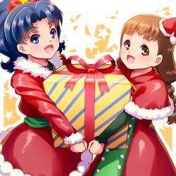 Rule 34 | 10s, 2girls, :d, arisugawa himari, blue eyes, blue hair, bow, box, brown eyes, brown hair, capelet, carrying, christmas, commentary request, eyebrows, gift, gift box, hair bow, hat, highres, kirakira precure a la mode, long hair, looking at viewer, low-braided long hair, low-tied long hair, mini hat, mini santa hat, multiple girls, open mouth, precure, red bow, red hat, santa costume, santa hat, sayousuke, short hair, smile, tategami aoi, thick eyebrows