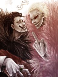Rule 34 | 2boys, black hair, blonde hair, cigar, crocodile (one piece), donquixote doflamingo, earrings, jewelry, lowres, male focus, middle finger, multiple boys, one piece, ring, sand, scar, smoking, sunglasses, un0000