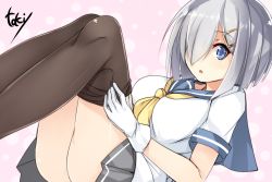 Rule 34 | 10s, 1girl, artist name, blouse, blue eyes, brown pantyhose, clothes pull, dressing, gloves, grey skirt, hair ornament, hair over one eye, hairclip, hamakaze (kancolle), kantai collection, legs up, looking at viewer, neckerchief, open mouth, pantyhose, pantyhose pull, pleated skirt, sailor collar, school uniform, serafuku, shirt, short hair, silver hair, skirt, solo, toki/, white gloves, yellow neckerchief
