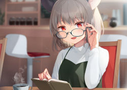Rule 34 | 1girl, animal ears, ari don, book, breasts, coffee mug, commentary request, cup, dress, glasses, grey dress, grey hair, holding, holding book, indoors, long sleeves, looking at viewer, medium hair, mouse ears, mug, nazrin, open mouth, pinafore dress, red eyes, shirt, sitting, sleeveless dress, small breasts, solo, touhou, turtleneck, upper body, white shirt